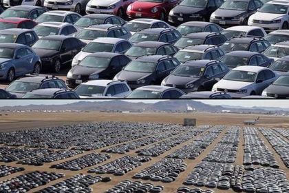 Cintoriny novovyrobenych aut Preco stoja auta v pusti